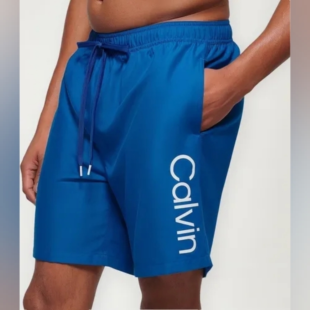Calvin Klein Men's Logo Volley Swim Trunks Shorts Blue Elastic Waistband Large